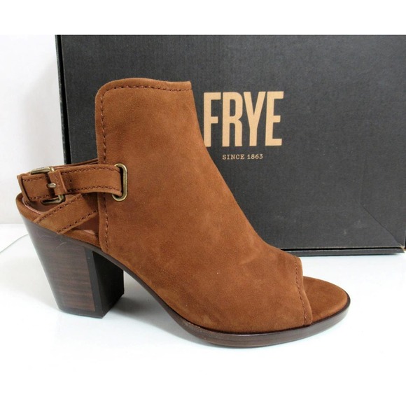 Frye Dani Shield Slingback Sandal Heels Open Toe Suede Wood Brown Size 9 - Picture 2 of 7